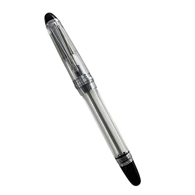 Wing Sung 699 - Pluma estilográfica con relleno al vacío, punta media, borde plateado, acrílico transparente translúcido con caja de regalo