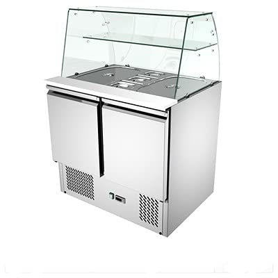 Estación de preparación de condimentos refrigerada de pie comercial de 31 '' con cubierta de vidrio rectangular - La estación ensalada incluye dos ban