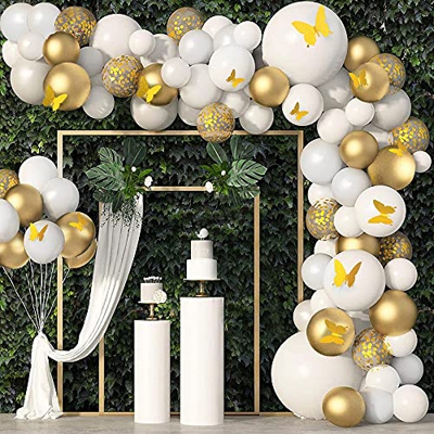 Globos De Cumpleaños Niña, HOUSTAR Kit de Guirnalda de Globos de Oro Blanco, Arco para Globos de Látex con Cinta de Globos para Decoracion Cumpleaños