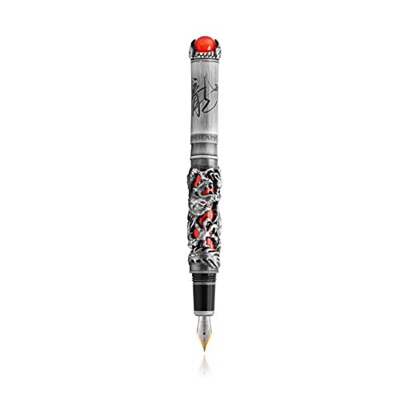 Jinhao Dragon King - Pluma estilográfica (punta fina, diseño vintage, color gris y rojo)