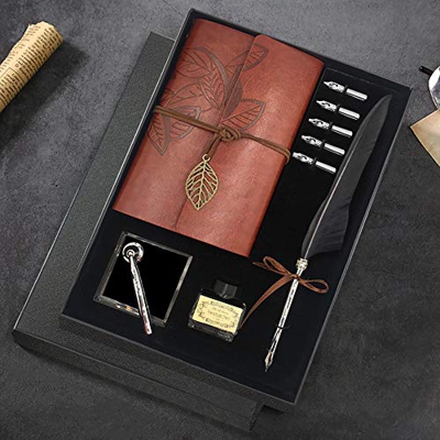 Quill - Juego de bolígrafos y tinta para caligrafía de plumas antiguas, incluye pluma de pluma, 5 puntas de repuesto, base de pluma, cuaderno, tinta, 