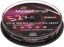 MediaRange Cd-R 700MB 80min 52x MR214 10pk Cakebox características