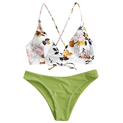 ZAFUL Conjunto de Bikini con Relleno Push Up Triangular Busto Ajustable con Tirantes Cruzados Traseros Estampado Talle Bajo S en oferta