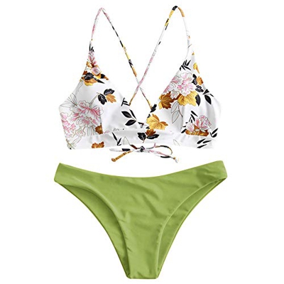ZAFUL Conjunto de Bikini con Relleno Push Up Triangular Busto Ajustable con Tirantes Cruzados Traseros Estampado Talle Bajo S