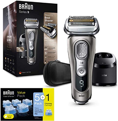 Braun Series 9 9385cc Afeitadora Eléctrica Hombre con Estación Limpieza y Carga Clean&Charge + Braun Clean&Renew Cartuchos de recarga para afeitadora 