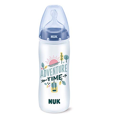 Biberón NUK FC+ PP Hello Adventure 360ml silicona de 6 a 18 meses. Color azul