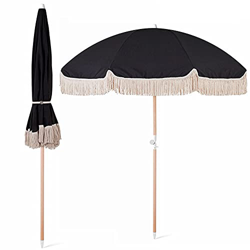 YXW Sombrilla de Jardín 2m Parasol Inclinable, Sombrilla de Playa con Flecos, Mástil de Madera, 8 Costillas, Sin Base(Negro) en oferta