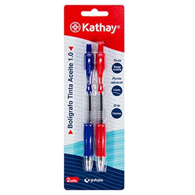 Kathay 86210398. Pack de 2 Bolígrafos de Clic, Tinta Azul y Roja, Base Aceite, Punta 1mm, Perfectos para tu Material Escolar y Oficina