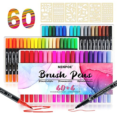 Rotuladores Lettering 60 Colores con 6 Plantillas, Rotuladores Doble Punta con Punta Pincel y Punta Fina, Brush Pen Set para Pintar, Diario, Graffiti,