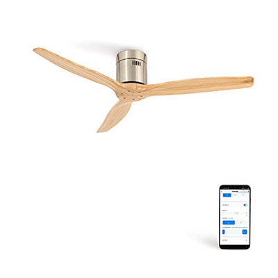 IKOHS AIRCALM DC - Ventilador Techo Ultrasilencioso con Función Invierno - Verano (Niquel madera natural Wifi)