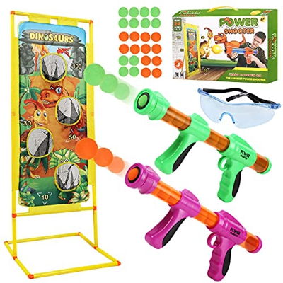 Herefun Juego de Tiro para Niños, 2 PCS Pistola de Juguete, Juegos de Tiro al Blanco con 24 Bolas de Espuma + Blanco de Tiro de Pie + Gafas de Segurid