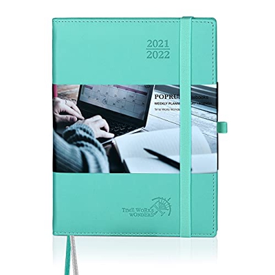 POPRUN Agenda 2021 2022 Semana Vista - Agenda Escolar 2021-2022 Ago.21 a Ago.22 - Disposición Vertical con Intervalo Horario, Tapa Cuero Vegano y Bols