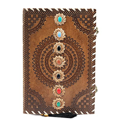Cuaderno de cuero con siete chakras en relieve con piedras - Diario de viaje hecho a mano con papel sin forro - Antiguo 10x7 pulgadas precio