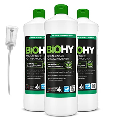 BiOHY Limpiador de suelo para robot de limpieza (3 botellas de 1 litro) + dosificador, concentrado para todos los robots de limpieza y aspirador con f