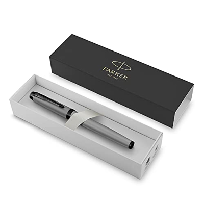 Parker IM bolígrafo roller | Gris mate con adornos negros | Punta fina con recambio de tinta negra | Estuche de regalo