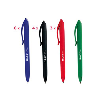 Pack 14 boligrafos Milan P1; 6 azul, 4 nego, 3 rojo i 1 verde