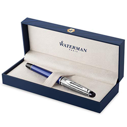 Waterman Expert Deluxe pluma estilográfica, color azul con capuchón labrado, plumín fino con cartucho de tinta azul, estuche de regalo en oferta