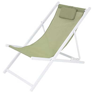 ECD Germany Silla de Playa Aluminio 4 Posiciones de Reclinación Plegable Tumbona Tradicional de Sol para Jardín o Balcón Blanco Verde con Almohada Cóm