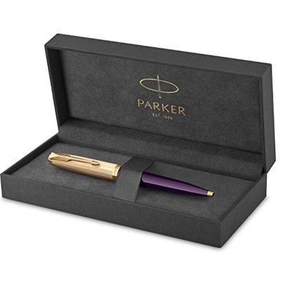 Parker 51 bolígrafo | cuerpo de lujo de color ciruela con adorno dorado | punta mediana de 18 K con recambio de tinta negra | estuche de regalo