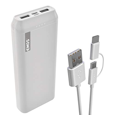 Emos Alpha - Batería Externa de 20000 mAh con diseño Fino, función Pass-Through, Salida 2 x USB 2.0, Entrada Micro USB 2.0 para móvil, iPhone, iPad, G