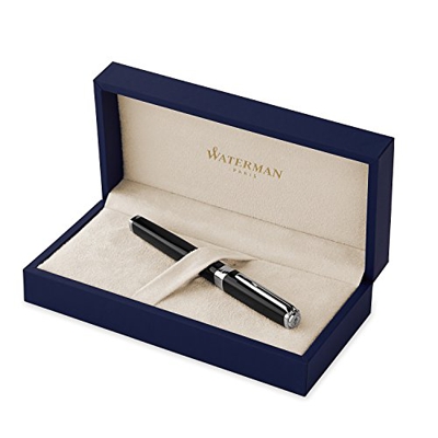 Waterman Exception - Pluma estilográfica, cuerpo fino, color negro con clip chapado en plata, plumín mediano con cartucho de tinta azul, estuche de re