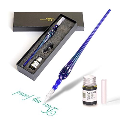 aokuy Pluma de Cristal, Glass Dip Pen Set-Pluma,Firma de Vidrio a mano con portalápice Pluma para manualidades, escritura, firmas, decoración y regalo