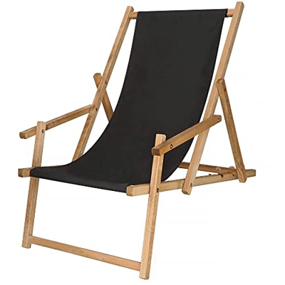 SPRINGOS Tumbona de madera con reposabrazos, 3 niveles, plegable, para balcón, jardín, estructura impregnada (negro)