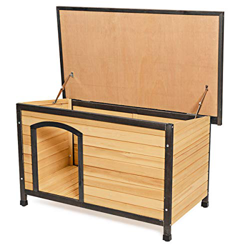 COSTWAY Casa de Madera para Perros, Casita Resistente a la Intemperie para Exterior, Casa para Animales con Techo con Bisagras, Entrada Abierta y Suel características