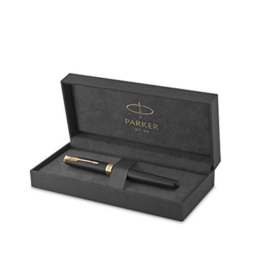 Parker Sonnet - Bolígrafo roller (lacado en negro mate, con adorno dorado y punta fina, en estuche)