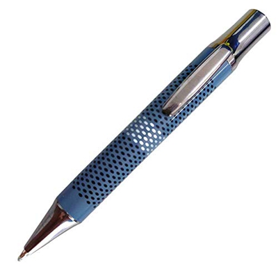 Mini Bolígrafo Inoxcrom Roller con cuerpo lacado en azul brillante con motivos ovaladors (Topos). Presentado en estuche Tubo