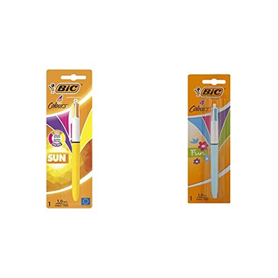 BIC 4 Sun Retractable Bolígrafos retráctiles, punta media (1.0 mm), modernos, blíster de 1 unidad + 4 Fun Bolígrafo Retráctil punta media (1,0 mm) – C