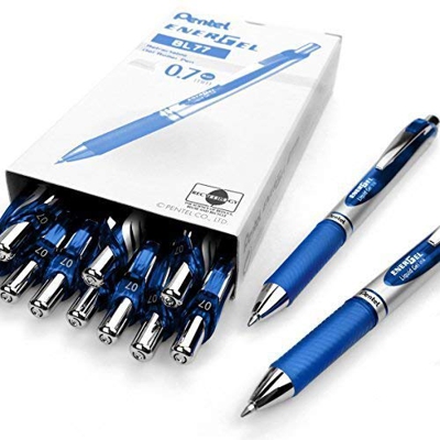 Bolígrafo retráctil de tinta de gel líquido EnerGel XM BL77 de Pentel; 0,7 mm, 54 % reciclado (caja de 12 unidades), color azul