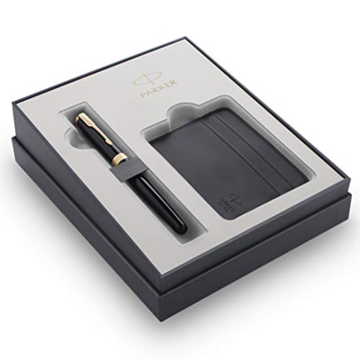 Parker Sonnet set de pluma estilográfica de color negro con adornos dorados y tarjetero