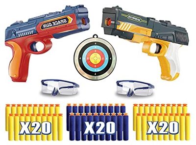 Riviax - Pistolas de Juguete para Niños con Dardos de Espuma, 2 Blaster Espacial + 60 Balas/Flechas + 2 Gafas Protección y 1 Objetivo de Disparo o Tir