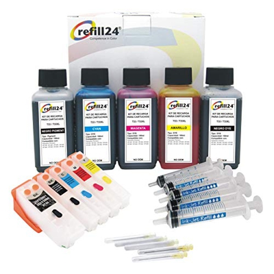 refill24 Kit de Recarga Compatible para Cartuchos de Tinta T3331 + T3342-3344 / T3351 + T3361-3364 / T33XL Negro y Color + Cartuchos Recargables y Acc