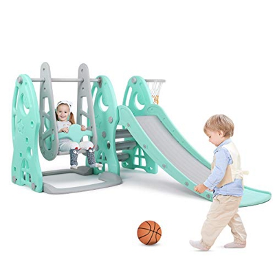 Tobogán Infantil, Tobogán para Niños, Tobogán Infantil para Jardín Parque e Interior, con Canasta de Baloncesto, Estable, Seguro, Grande, Ancho (con C