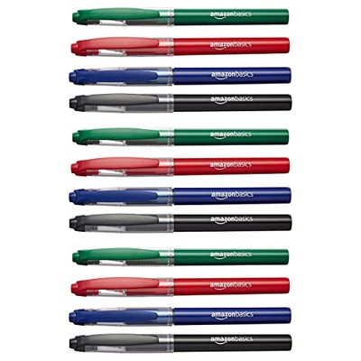 Amazon Basics - Bolígrafo roller, punta micro (0,5 mm), colores variados, paquete de 12