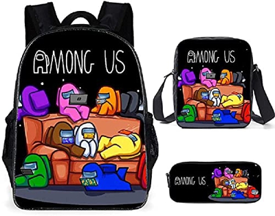 KKP SET 3 PCS Mochila Among Us Escolar Infantil ,Estuche escolar lápices y Bolsa Merienda de Cuerdas, Mochila Juego el Impostor para Niños Con Diseño 