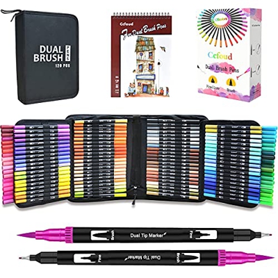 Ccfoud Rotuladores Punta Pincel 120 Colores Rotuladores Lettering Acuarelables Doble Punta , Dual Tip Brush Pen para Adultos Niños Caligrafía, Bocetos