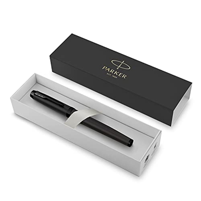 Parker IM pluma estilográfica | Negro mate con adornos negros | Punta fina con recambio de tinta azul | Estuche de regalo