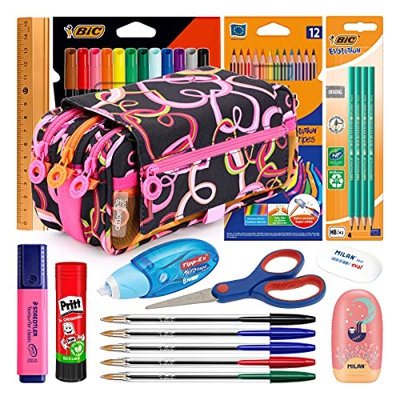 ColePack Lote de Estuche Portatodo Triple con 3 Cremalleras y Material Escolar de Primeras Marcas Incluido (Corazones)