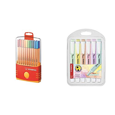 Rotulador punta fina STABILO point 88 - Estuche premium Colorparade con 20 + Marcador pastel swing cool - Estuche con 6