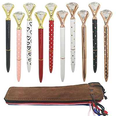 DUGYIRS 10 Piezas Bolígrafos de Bola de Diamante Bolígrafo Retráctil Pluma de Metal de Cristal con 5 Piezas Bolsa de Bolígrafo por Señoras Colegas Niñ