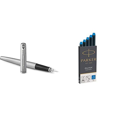 Parker Jotter - Pluma estilográfica, cuerpo de acero inoxidable con adorno cromado + Quink recambios para plumas estilográficas, cartuchos largos, tin