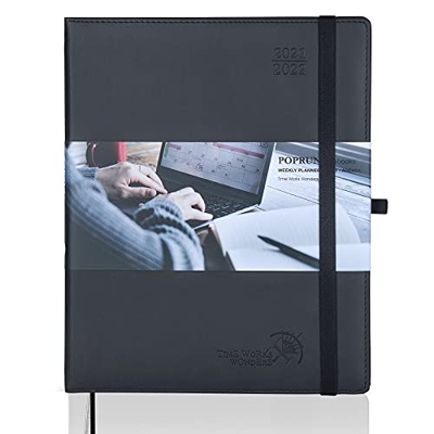 POPRUN Agenda 2021 2022 Semana Vista - Agenda Escolar 2021-2022 Ago.21 a Ago.22 - Disposición Vertical con Intervalo Horario, Tapa Cuero Vegano y Bols