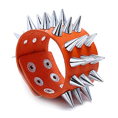 HULIJUAN 3 Row Cuspidal Spikes Stud Unisex Bracelet with Wide Leather Cuff Punk Gothic Rock Unisex Bangle Bracelet Men Women Jewelry (Orange)