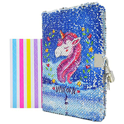 VIPbuy Diario para niña, con diseño de unicornio, con cerradura y llave, reversible, tamaño A5, con esquineras adhesivas para fotos, 21,5 cm x 14 cm,  características