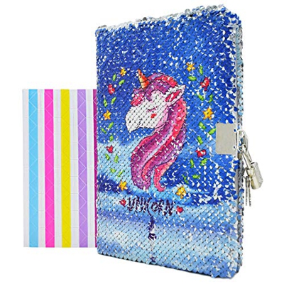 VIPbuy Diario para niña, con diseño de unicornio, con cerradura y llave, reversible, tamaño A5, con esquineras adhesivas para fotos, 21,5 cm x 14 cm, 