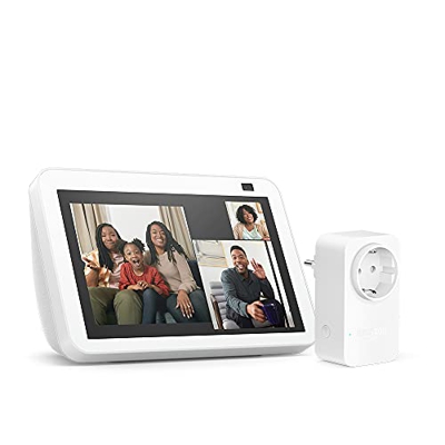Nuevo Echo Show 8 (2.ª generación, modelo de 2021), Blanco + Amazon Smart Plug (enchufe inteligente WiFi), compatible con Alexa