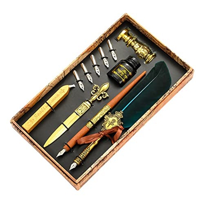 Victop Feather Pen, Pluma de Escritura Vintage Calligraphy Pen con Tinta, 17Plumilla, Titular de la Pluma, Sello de Sello, Varillas de Sello de Cera, 